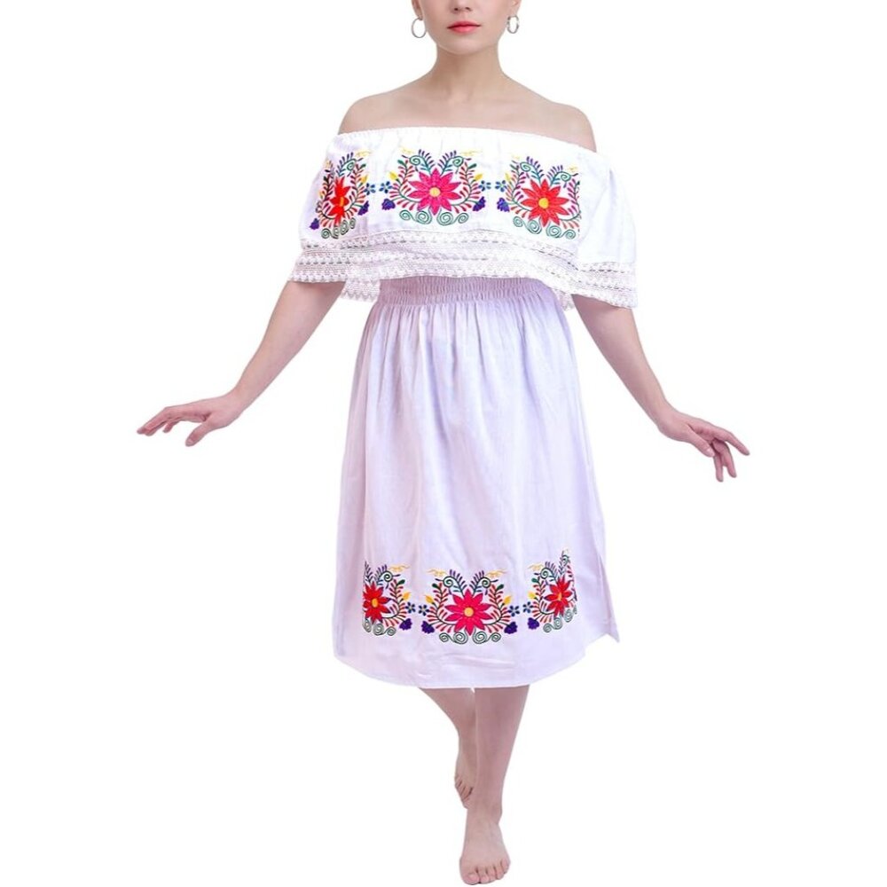 Mexican Off Shoulder White Dress Size Med Floral Embroidery Elastic Waist